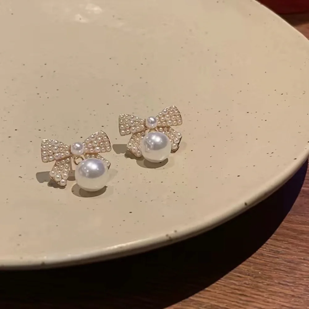 White Bow Coquette Faux Pearl Formal Prom Cocktail Earrings Wedding Jewelry